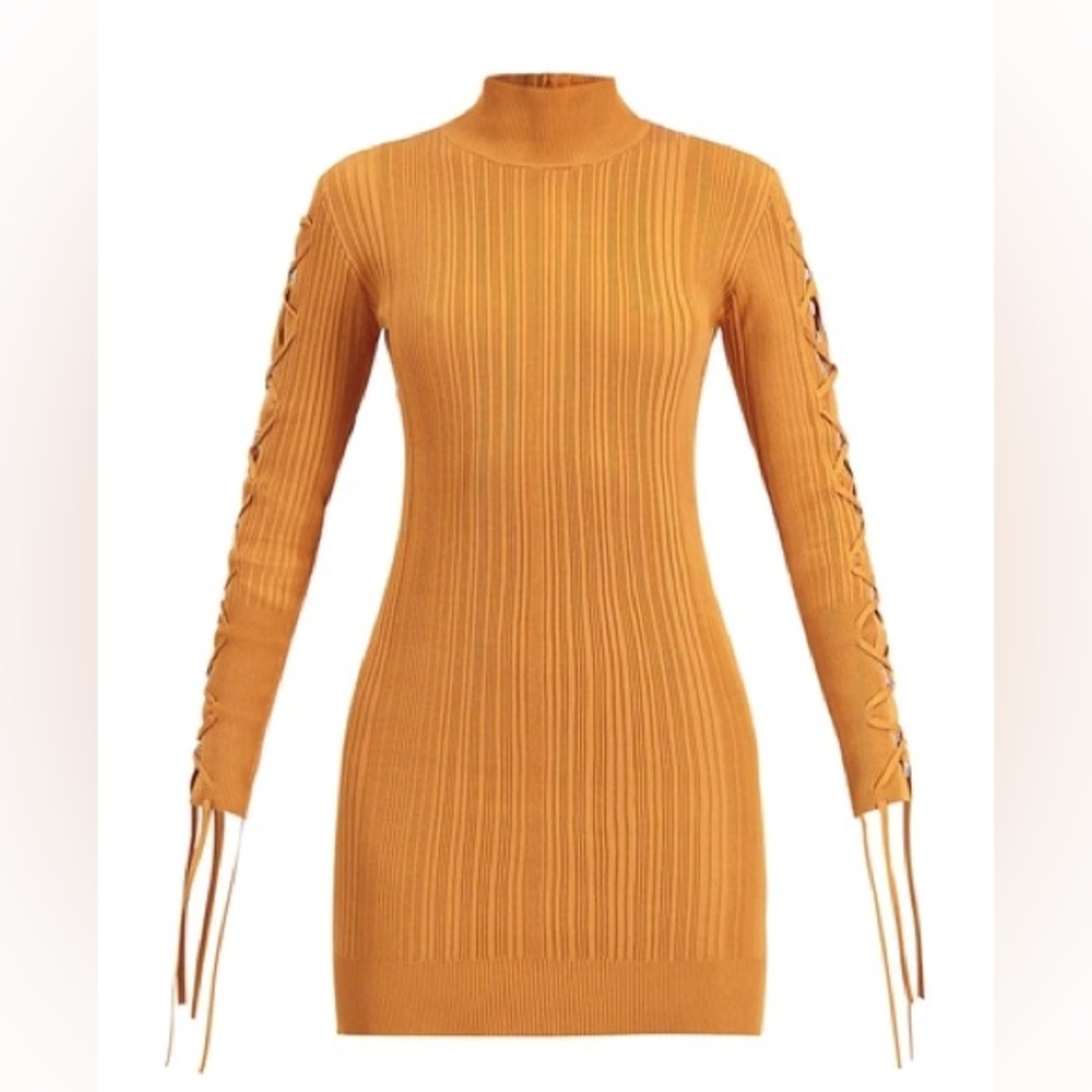 Herve Leger Ribbed Side Long Sleeve Lace Up Dress Sz L